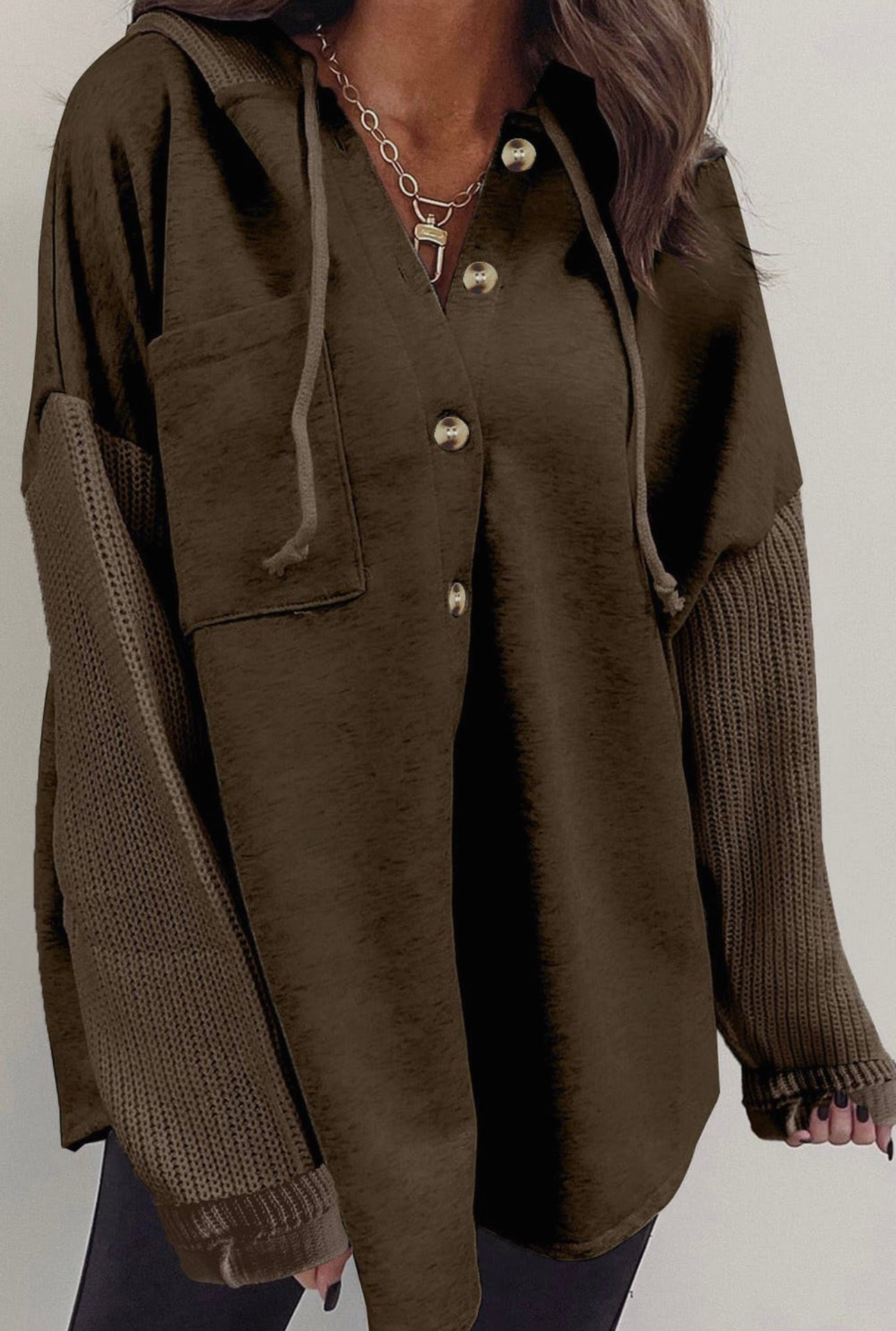 Button Up Knitted Sleeve Hooded Sweater