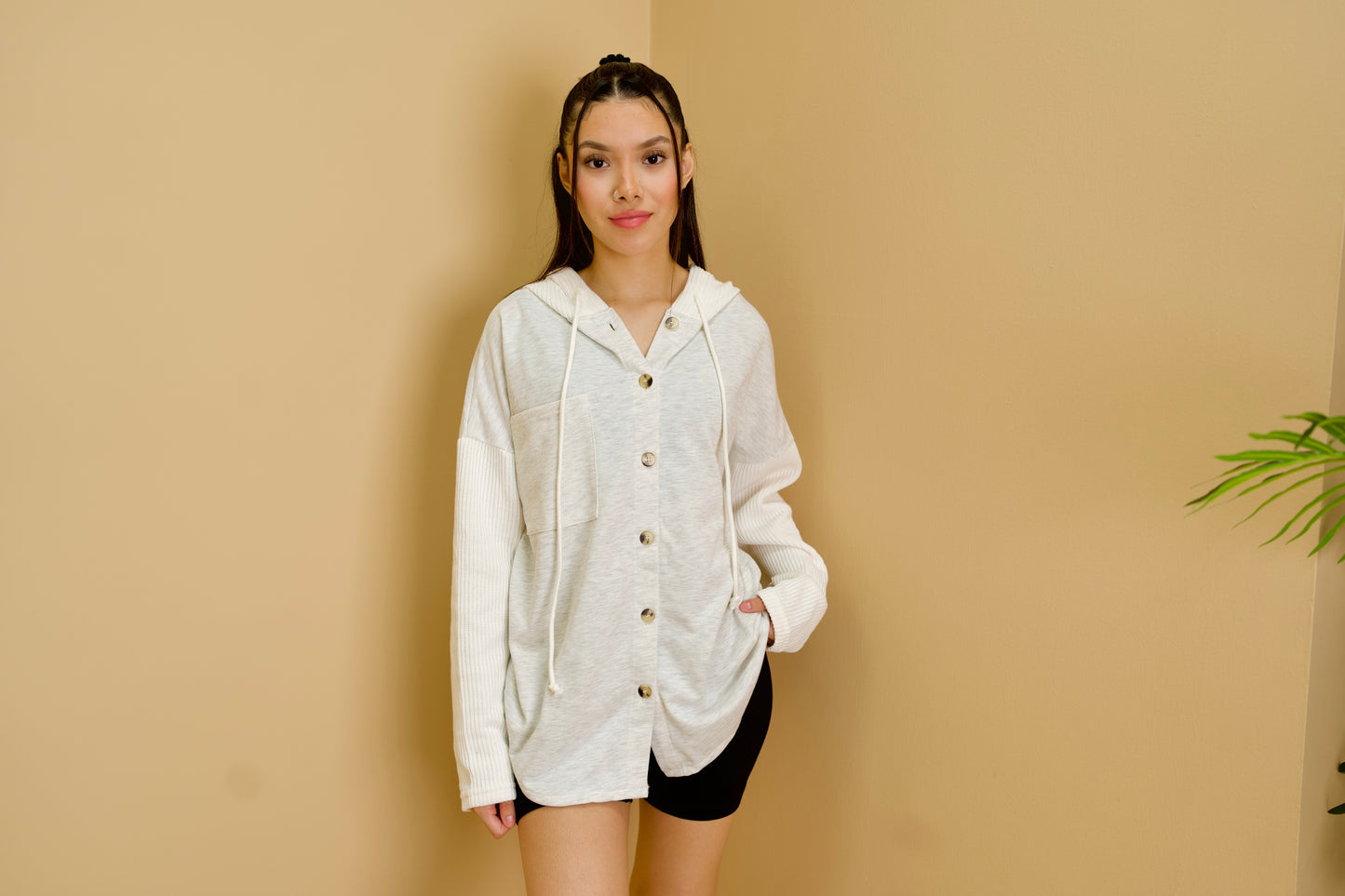 Button Up Knitted Sleeve Hooded Sweater