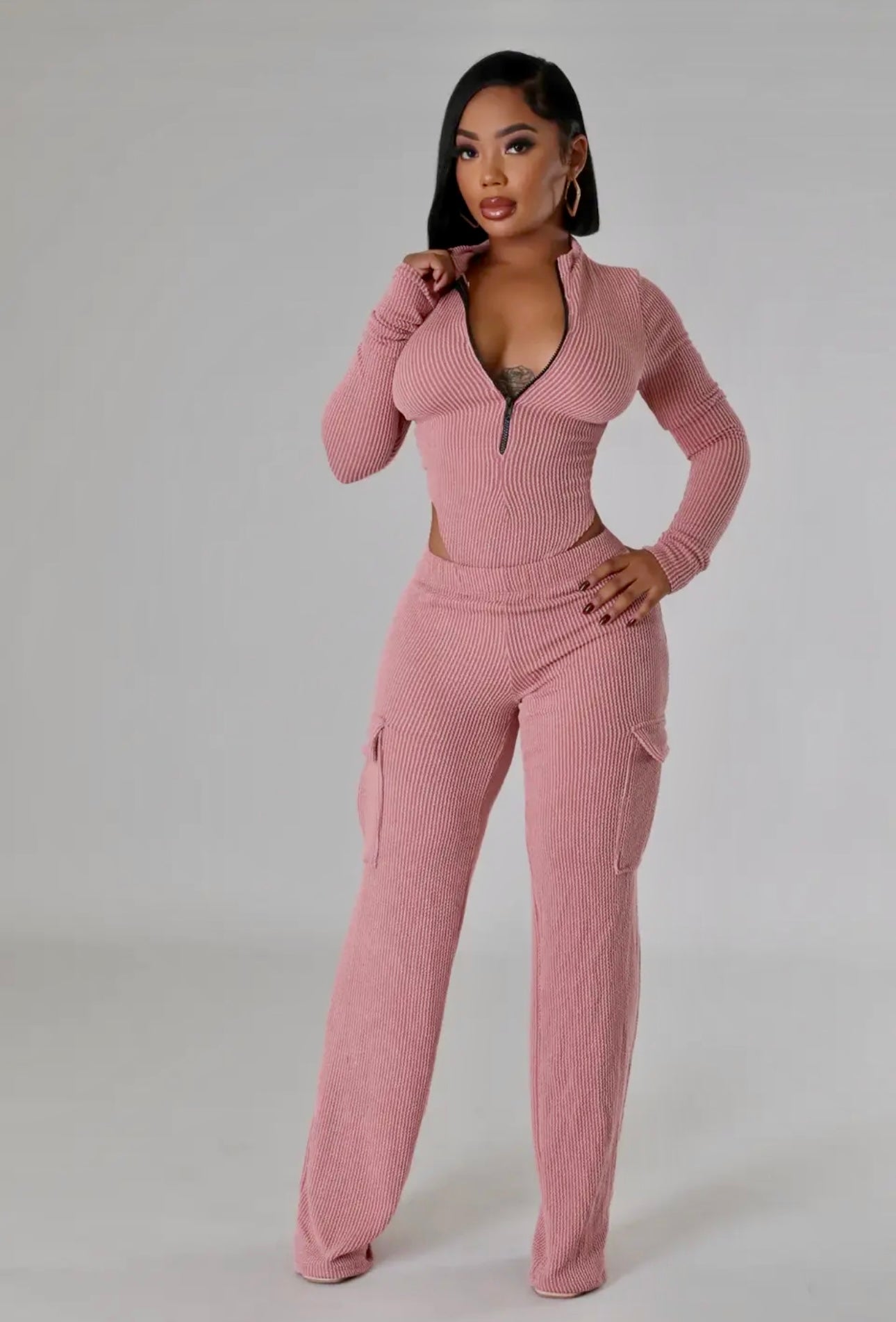 Dusty Rose Zipper Bodysuit & Pants Set