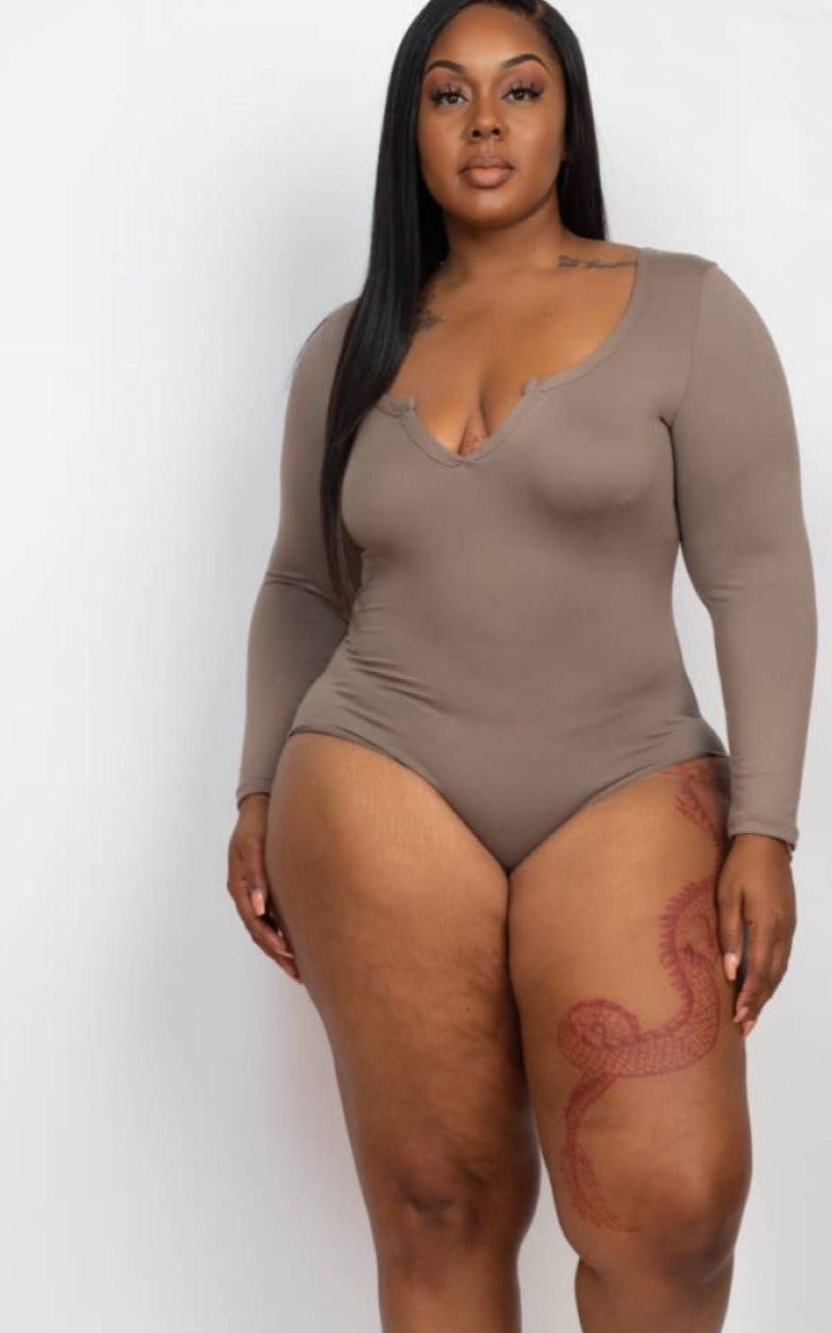 Plus Size Split Neck Bodysuit (Taupe)