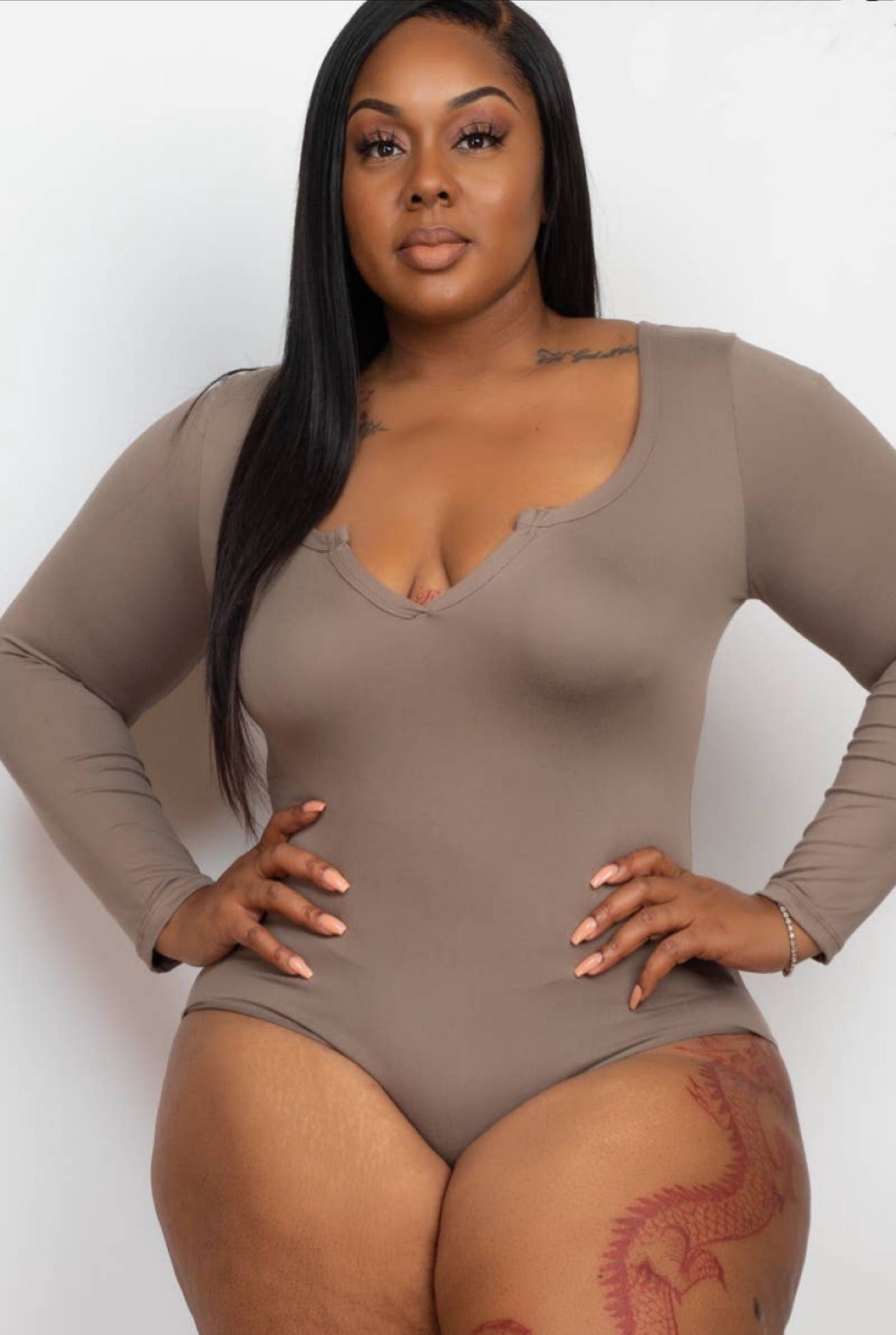 Plus Size Split Neck Bodysuit (Taupe)