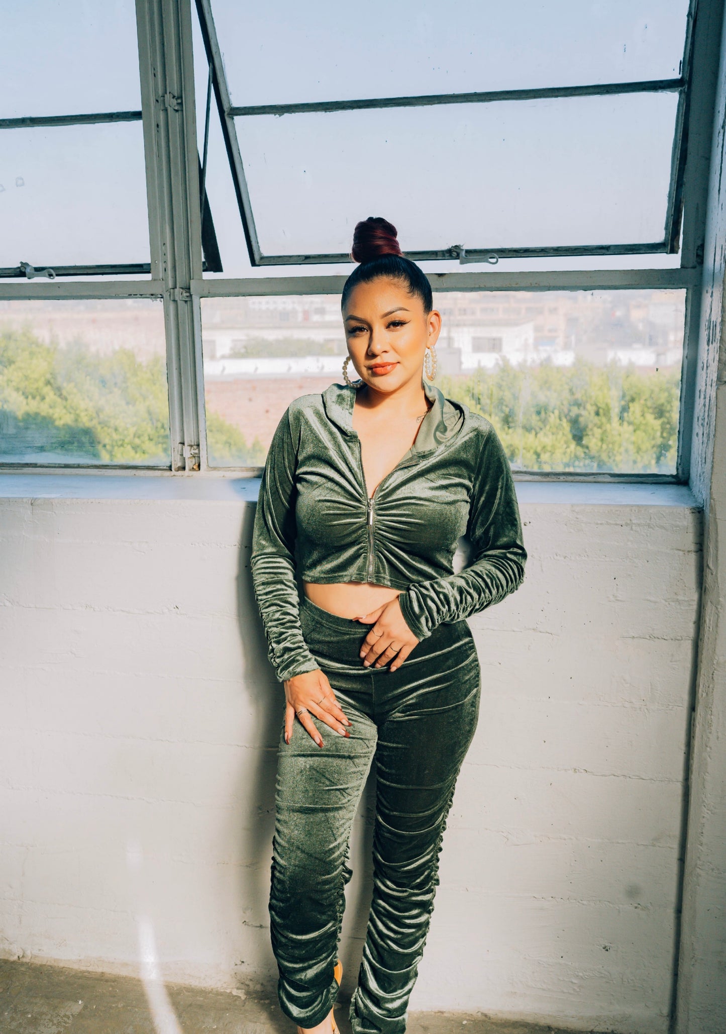 Ruched Zip Up Jacket & Stacked Pants (Hunter Green)