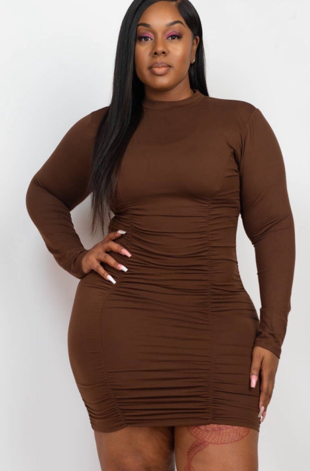 Plus Size Ruched Long Sleeve Dress (Brown)