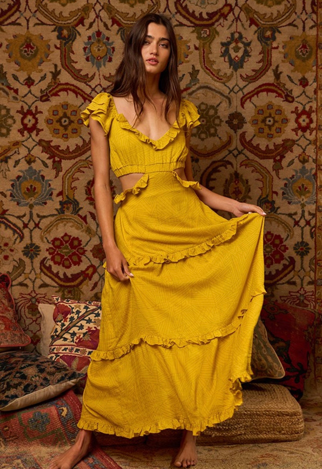 Cut Out Flutter Maxi Dress (Mustard)