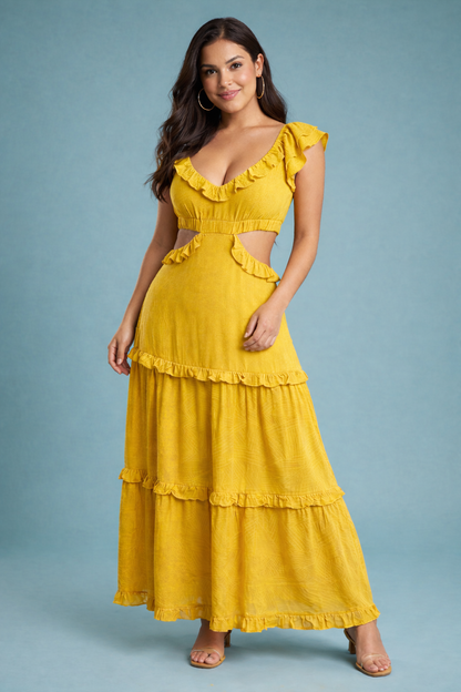 Cut Out Flutter Maxi Dress (Mustard)
