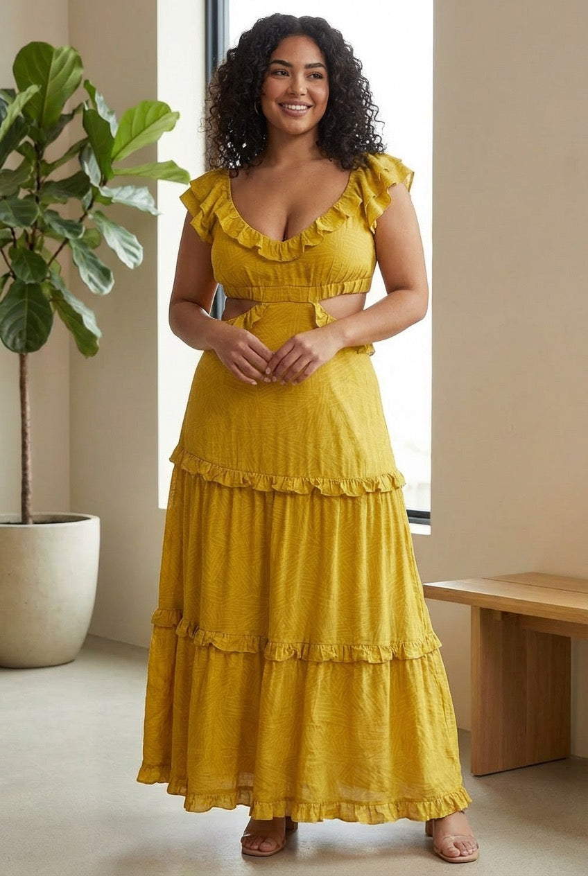 Cut Out Flutter Maxi Dress (Mustard)