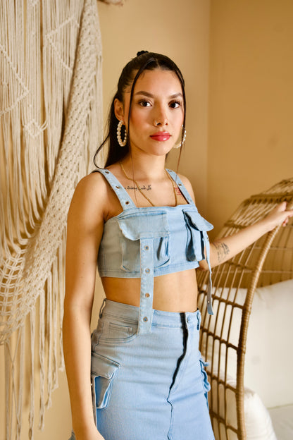 Denim Crop Top & Slit Skirt