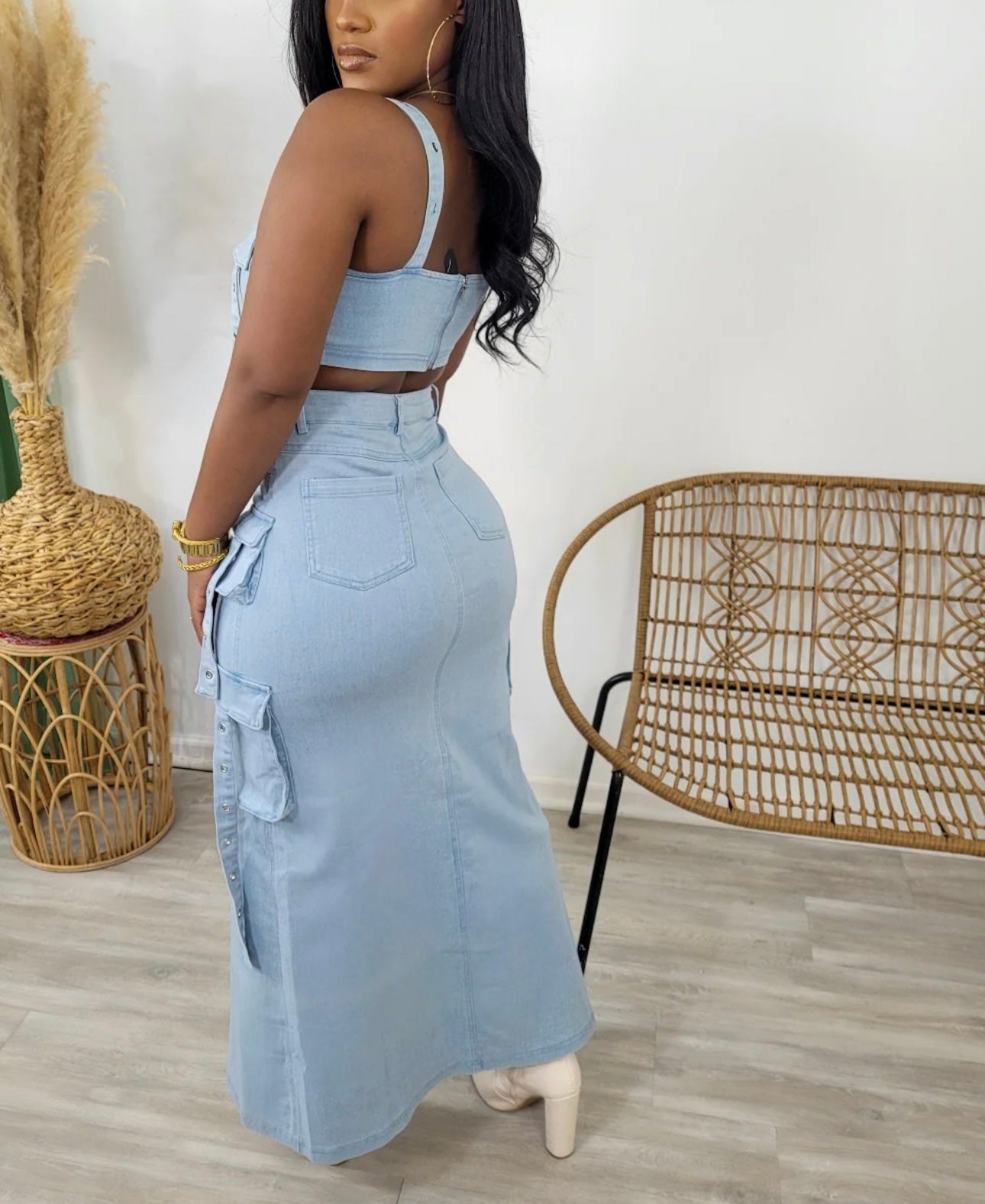 Denim Crop Top & Slit Skirt